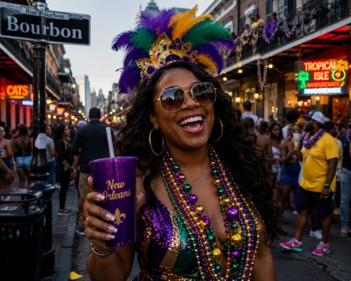 Feathers, beads and a New Orleans cup on Bourbon Street